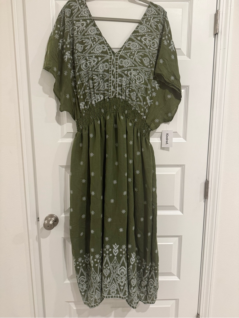 Anthropologie Kindred Olive Embroidered V-Neck Maxi Dress Plus Size